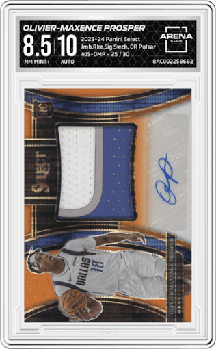 Olivier-Maxence Prosper from the 2023-24 Panini Select  set featuring a Orange Pulsar Prizms FOTL parallel graded by Arena Club and given an overall grade of 8.5.