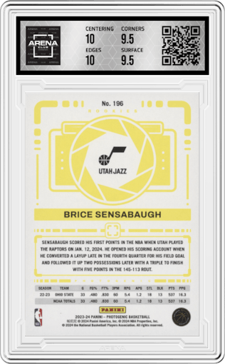 Brice Sensabaugh  from the 2023-24 Panini Photogenic set featuring a Wedges parallel graded by Arena Club and given an overall grade of 10.
