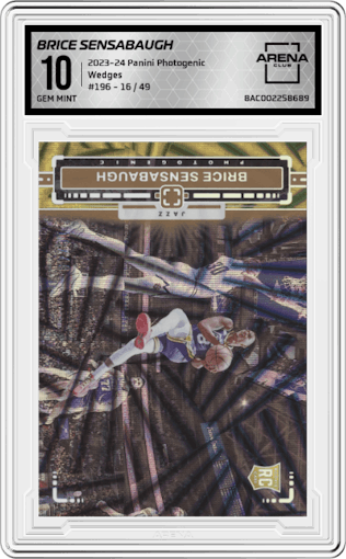 Brice Sensabaugh  from the 2023-24 Panini Photogenic set featuring a Wedges parallel graded by Arena Club and given an overall grade of 10.