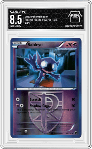 Sableye from the 2013 Pokemon B&W set graded by Arena Club and given an overall grade of 8.5.