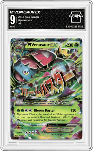 M Venusaur EX from the 2016 Pokemon XY set graded by Arena Club and given an overall grade of 9.