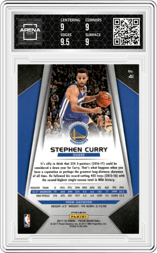 Stephen Curry from the 2017-18 Panini Prizm  set featuring a Ruby Wave parallel graded by Arena Club and given an overall grade of 9.