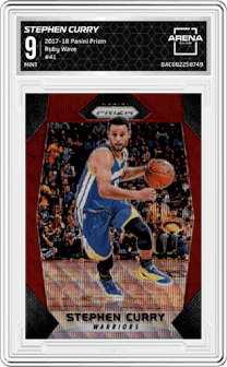 Stephen Curry from the 2017-18 Panini Prizm  set featuring a Ruby Wave parallel graded by Arena Club and given an overall grade of 9.