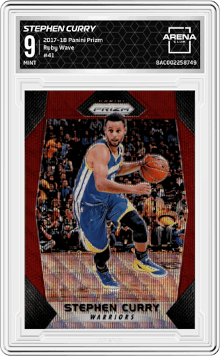 Stephen Curry from the 2017-18 Panini Prizm  set featuring a Ruby Wave parallel graded by Arena Club and given an overall grade of 9.