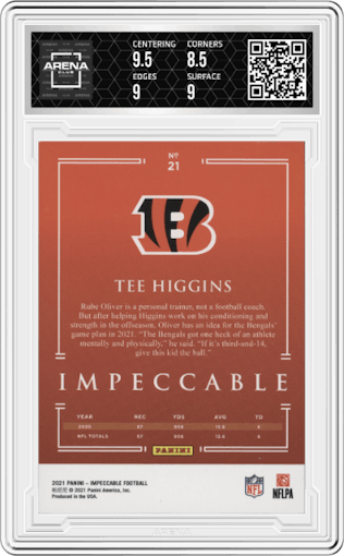 Tee Higgins from the 2021 Panini Impeccable  set featuring a Silver parallel graded by Arena Club and given an overall grade of 9.