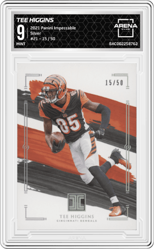 Tee Higgins from the 2021 Panini Impeccable  set featuring a Silver parallel graded by Arena Club and given an overall grade of 9.