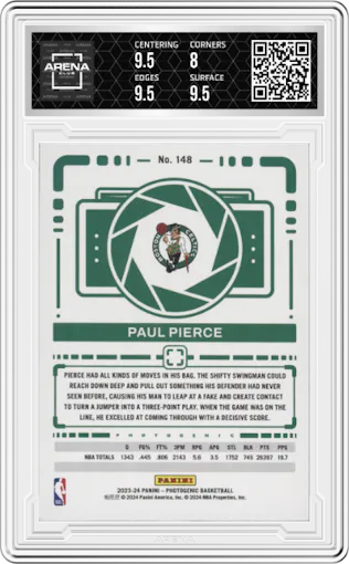 Paul Pierce from the 2023-24 Panini Photogenic set featuring a Silver parallel graded by Arena Club and given an overall grade of 8.5.