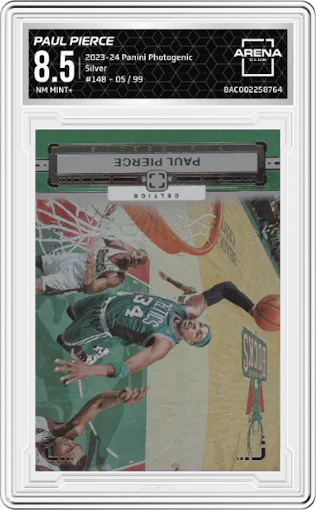 Paul Pierce from the 2023-24 Panini Photogenic set featuring a Silver parallel graded by Arena Club and given an overall grade of 8.5.
