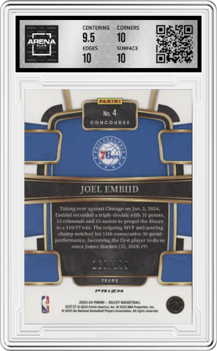 Joel Embiid from the 2023-24 Panini Select  set featuring a Red Prizm parallel graded by Arena Club and given an overall grade of 10.
