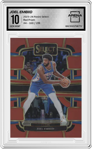 Joel Embiid from the 2023-24 Panini Select  set featuring a Red Prizm parallel graded by Arena Club and given an overall grade of 10.
