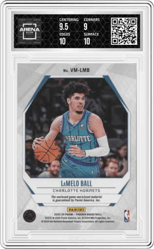 LaMelo Ball from the 2023-24 Panini Phoenix set graded by Arena Club and given an overall grade of 9.5.