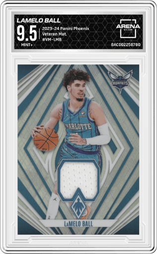 LaMelo Ball from the 2023-24 Panini Phoenix set graded by Arena Club and given an overall grade of 9.5.