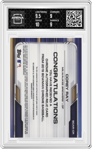Corey Ray from the 2019 Bowman Chrome set graded by Arena Club and given an overall grade of 9.5.