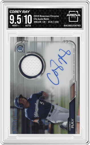 Corey Ray from the 2019 Bowman Chrome set graded by Arena Club and given an overall grade of 9.5.