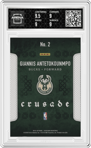 Giannis Antetokounmpo from the 2015-16 Panini Excalibur set graded by Arena Club and given an overall grade of 9.