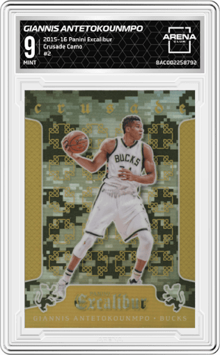 Giannis Antetokounmpo from the 2015-16 Panini Excalibur set graded by Arena Club and given an overall grade of 9.