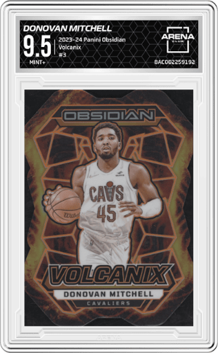 Donovan Mitchell from the 2023-24 Panini Obsidian set graded by Arena Club and given an overall grade of 9.5.