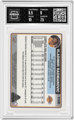 Vladimir Radmanovic from the 2006-07 Topps Chrome set featuring a Printing Plates Magenta parallel graded by Arena Club and given an overall grade of 8.