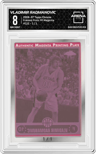 Vladimir Radmanovic from the 2006-07 Topps Chrome set featuring a Printing Plates Magenta parallel graded by Arena Club and given an overall grade of 8.