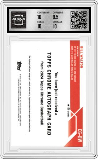 Bill Walton from the 2023-24 Topps Chrome set featuring a Orange Geometric Refractor parallel graded by Arena Club and given an overall grade of 10.