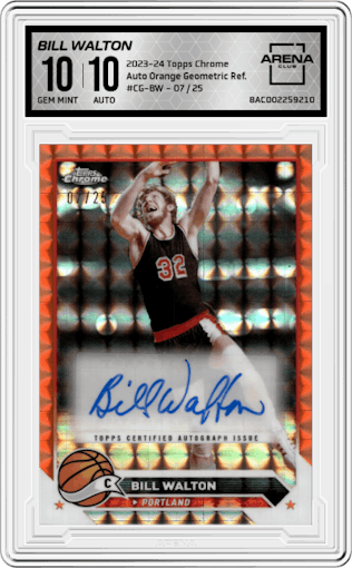 Bill Walton from the 2023-24 Topps Chrome set featuring a Orange Geometric Refractor parallel graded by Arena Club and given an overall grade of 10.