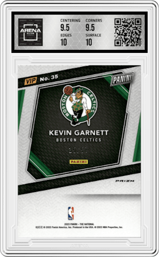 Kevin Garnett from the 2023 Panini The National VIP set featuring a Purple Sparkle parallel graded by Arena Club and given an overall grade of 10.