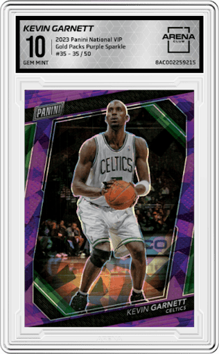 Kevin Garnett from the 2023 Panini The National VIP set featuring a Purple Sparkle parallel graded by Arena Club and given an overall grade of 10.