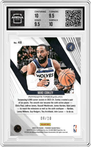 Mike Conley from the 2023-24 Panini Phoenix set featuring a Gold parallel graded by Arena Club and given an overall grade of 10.