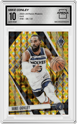 Mike Conley from the 2023-24 Panini Phoenix set featuring a Gold parallel graded by Arena Club and given an overall grade of 10.