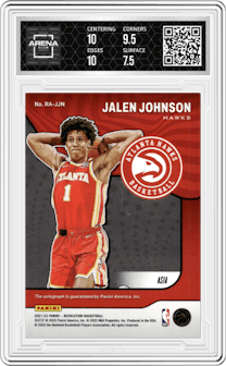 Jalen Johnson from the 2021-22 Panini Revolution  set featuring a Asia parallel graded by Arena Club and given an overall grade of 8.