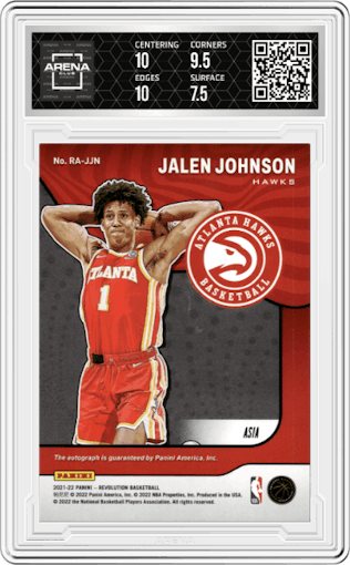 Jalen Johnson from the 2021-22 Panini Revolution  set featuring a Asia parallel graded by Arena Club and given an overall grade of 8.