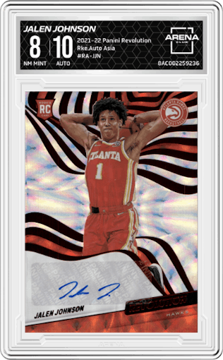 Jalen Johnson from the 2021-22 Panini Revolution  set featuring a Asia parallel graded by Arena Club and given an overall grade of 8.