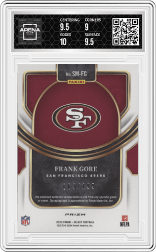 Frank Gore from the 2023 Panini Select set graded by Arena Club and given an overall grade of 9.5.