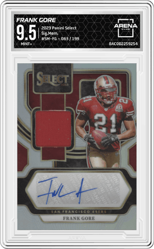 Frank Gore from the 2023 Panini Select set graded by Arena Club and given an overall grade of 9.5.