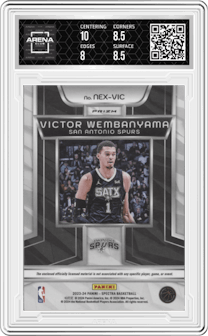 Victor Wembanyama from the 2023-24 Panini Spectra set featuring a Interstellar parallel graded by Arena Club and given an overall grade of 8.5.