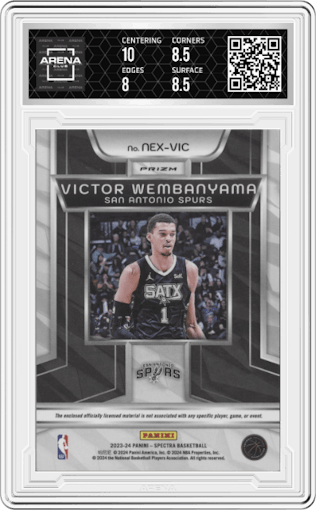 Victor Wembanyama from the 2023-24 Panini Spectra set featuring a Interstellar parallel graded by Arena Club and given an overall grade of 8.5.