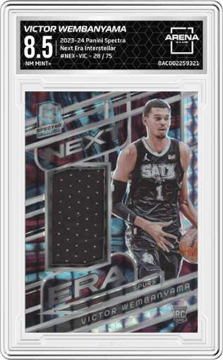 Victor Wembanyama from the 2023-24 Panini Spectra set featuring a Interstellar parallel graded by Arena Club and given an overall grade of 8.5.