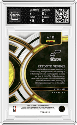 Keyonte George from the 2023-24 Panini Select  set featuring a Tiger parallel graded by Arena Club and given an overall grade of 8.5.