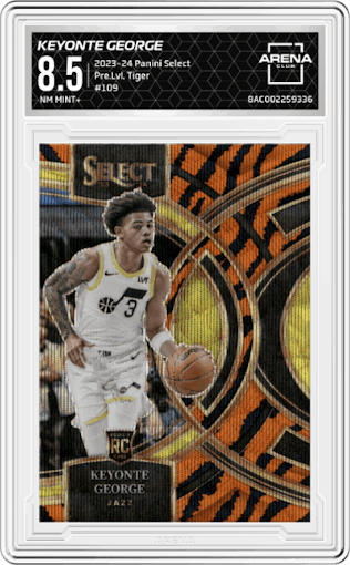 Keyonte George from the 2023-24 Panini Select  set featuring a Tiger parallel graded by Arena Club and given an overall grade of 8.5.