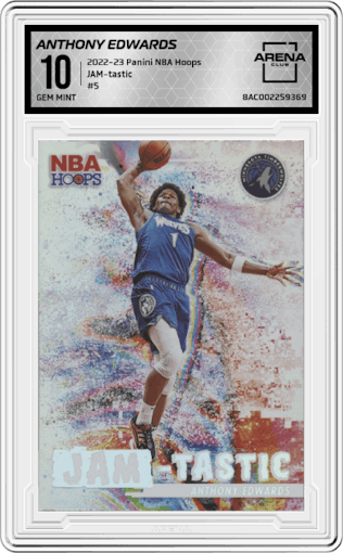 Anthony Edwards from the 2022-23 Panini NBA Hoops set graded by Arena Club and given an overall grade of 10.