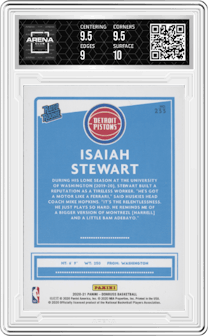 Isaiah Stewart from the 2020-21 Panini Donruss set featuring a Orange Laser parallel graded by Arena Club and given an overall grade of 9.5.