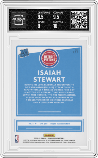 Isaiah Stewart from the 2020-21 Panini Donruss set featuring a Orange Laser parallel graded by Arena Club and given an overall grade of 9.5.