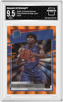 Isaiah Stewart from the 2020-21 Panini Donruss set featuring a Orange Laser parallel graded by Arena Club and given an overall grade of 9.5.