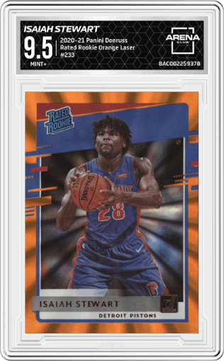 Isaiah Stewart from the 2020-21 Panini Donruss set featuring a Orange Laser parallel graded by Arena Club and given an overall grade of 9.5.