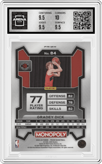 Gradey Dick from the 2023-24 Panini Prizm Monopoly set featuring a Purple  parallel graded by Arena Club and given an overall grade of 10.