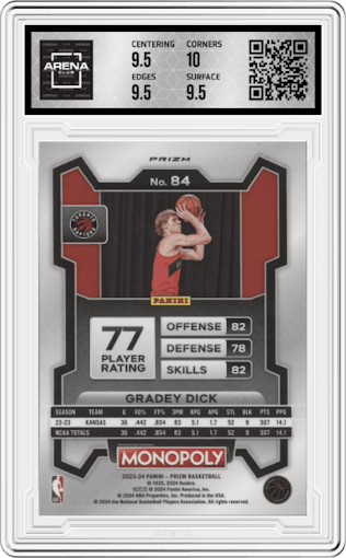 Gradey Dick from the 2023-24 Panini Prizm Monopoly set featuring a Purple  parallel graded by Arena Club and given an overall grade of 10.