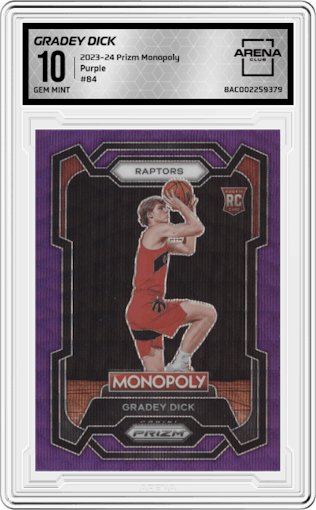 Gradey Dick from the 2023-24 Panini Prizm Monopoly set featuring a Purple  parallel graded by Arena Club and given an overall grade of 10.