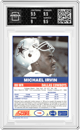 Michael Irvin from the 1989 Score set graded by Arena Club and given an overall grade of 9.5.