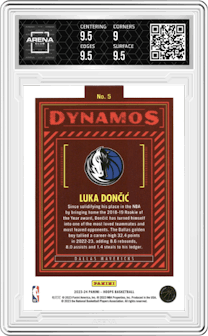 Luka Doncic from the 2023-24 Panini NBA Hoops set graded by Arena Club and given an overall grade of 9.5.