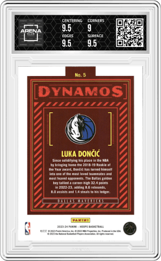 Luka Doncic from the 2023-24 Panini NBA Hoops set graded by Arena Club and given an overall grade of 9.5.
